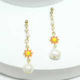 94301, GOLD DIPPED, FLOWER ACCENT FRESHWATER PEARL DROP DANGLE EARRING