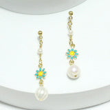 94301, GOLD DIPPED, FLOWER ACCENT FRESHWATER PEARL DROP DANGLE EARRING