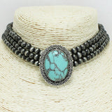 94390, WESTERN OVAL TURQUOISE STONE WITH NAVAJO BEAD CHOKER NECKLACE