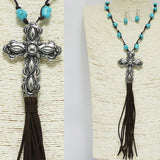 94391, CROSS WITH TURQUOISE STONE SUEDE TASSEL LONG NECKLACE, RELIGIOUS