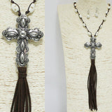 94391, CROSS WITH TURQUOISE STONE SUEDE TASSEL LONG NECKLACE, RELIGIOUS