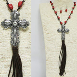 94391, CROSS WITH TURQUOISE STONE SUEDE TASSEL LONG NECKLACE, RELIGIOUS