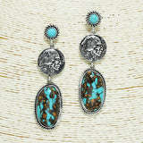 Western Indian Chief Coin Accent Turquoise Stone Drop Dangle Earring