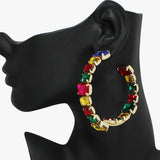 94536, RECTANGLE RHINESTONE ACCENT HALF IN AND OUT HOOP EARRING