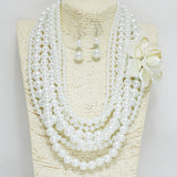 94757, FLOWER ACCENT MULTI LAYERED PEARL NECKLACE