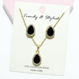 94821, TEARDROP RHINESTONE ACCENT STAINLESS STEEL PENDANT NECKLACE SET