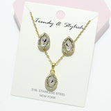 94821, TEARDROP RHINESTONE ACCENT STAINLESS STEEL PENDANT NECKLACE SET