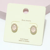 Gold Dipped, Oval Rhinestone Stud Brass Earring - view 2
