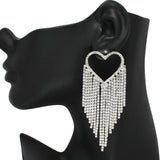 94965, HEART PAVE RHINESTONE FRINGE EVENING EARRING, WEDDING, BRIDAL, PROM