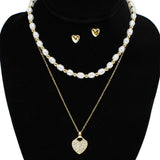 95094, PAVE HEART WITH FRESHWATER PEARL DOUBLE LAYERED NECKLACE, VALENTINE'S DAY