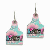 "howdy" Floral Print COW TAG Wood Earring