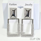 96192, 3"L, GEOMETRIC SQUARE TEXTURED METAL CLIP ON EARRING