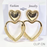 96194, 3"L, HEART TEXTURED METAL CLIP ON EARRING