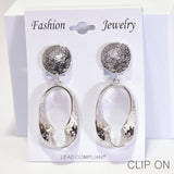 96196, 2.5"L, GEOMETRIC TEXTURED METAL CLIP ON EARRING