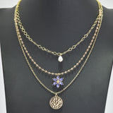 96206, DAINTY FLOWER RHINESTONE ACCENT MULTI LAYERED NECKLACE