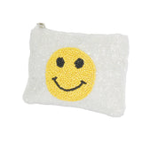 96480, 3.75"X5"SMILE HAPPY FACE PRINT SEED BEADED COIN ZIPPER POUCH BAG
