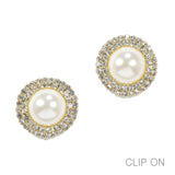 97038, ROUND PEARL WITH RHINESTONE CLIP ON EARRING
