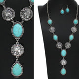 Buffalo Coin with Turquoise Stone Long Necklace