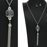 97891, GEOMETRIC RHINESTONE ACCENT WITH TASSEL LONG NECKLACE