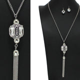 97891, GEOMETRIC RHINESTONE ACCENT WITH TASSEL LONG NECKLACE
