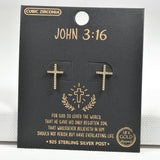 97951, GOLD DIPPED, DAINTY CROSS CUBIC ZIRCONIA STUD EARRING