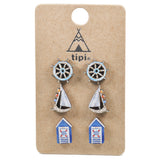 97974, NAUTICAL SAILBOAT WOOD STUD EARRING SET