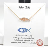 97997, GOLD DIPPED, "JOHN 3:16" JESUS ICHTHYS CUBIC ZIRCONIA NECKLACE