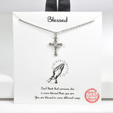 98068, GOLD DIPPED, "BLESSED" CROSS CUBIC ZIRCONIA NECKLACE