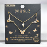 98071, GOLD DIPPED, "BUTTERFLIES" DAINTY BUTTERFLY CUBIC ZIRCONIA CHARM DOUBLE LAYERED NECKLACE