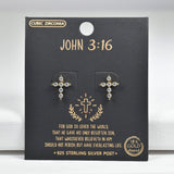 98082, GOLD DIPPED, "JOHN 3:16" CROSS CUBIC ZIRCONIA STERLING SILVER POST STUD EARRING