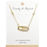98229, SAFETY PIN CUBIC ZIRCONIA STAINLESS STEEL NECKLACE