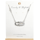 98229, SAFETY PIN CUBIC ZIRCONIA STAINLESS STEEL NECKLACE