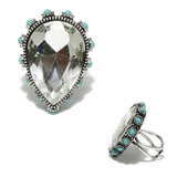 98272, TEARDROP RHINESTONE WITH ROUND TURQUOISE STONE ACCENT CUFF RING