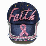 98305, "FAITH" PINK RIBBON BLING RHINESTONE BASEBALL CAP