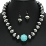 Western Round Turquoise Stone with Navajo Beaded Necklace