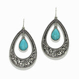 Western Textured Teardrop with Turquoise Stone Earring - view 2