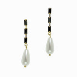98438, GOLD DIPPED BRASS, RECTANGLE RHINESTONE ACCENT WITH PEARL DANGLE EARRING