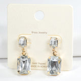98448, GOLD DIPPED BRASS, RECTANGLE RHINESTONE DANGLE EARRING