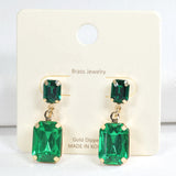 98448, GOLD DIPPED BRASS, RECTANGLE RHINESTONE DANGLE EARRING