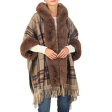 98482, PLAID PATTERN FAUX FUR TRIM EDGE CAPE