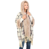 98482, PLAID PATTERN FAUX FUR TRIM EDGE CAPE