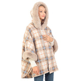 98483, CHECKER PATTERN CAPE WITH FUR TRIM