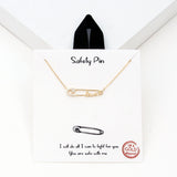 98513, GOLD DIPPED, "SAFETY PIN" DAINTY LOVE CUBIC ZIRCONIA NECKLACE