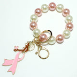 98634, PINK RIBBON LADY ENAMEL CHARM KEYCHAIN WITH PEARL STRETCH BRACELET