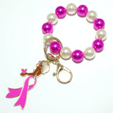 98634, PINK RIBBON LADY ENAMEL CHARM KEYCHAIN WITH PEARL STRETCH BRACELET