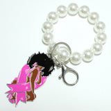 98635, PINK RIBBON LADY ENAMEL CHARM KEYCHAIN WITH PEARL STRETCH BRACELET