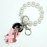 98635, PINK RIBBON LADY ENAMEL CHARM KEYCHAIN WITH PEARL STRETCH BRACELET