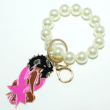 98635, PINK RIBBON LADY ENAMEL CHARM KEYCHAIN WITH PEARL STRETCH BRACELET