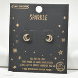 98647, GOLD DIPPED, "SPARKLE" CRESCENT MOON CUBIC ZIROCNIA STUD EARRING/925 STERLING SILVER POST
