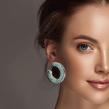 99344, ENGRAVED ACCENT TURQUOISE STONE ROUND HOOP EARRING